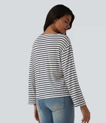 Boat Neck Long Sleeve Drawstring Hem Stripes Casual Top