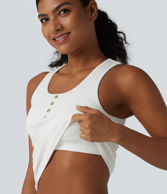 Ribbed Knit Round Neck Built-in Bra Casual Tank Top