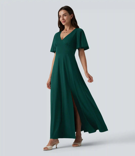 Deep V-neck Flounce Sleeve Split Built-in Bra Maxi Flowy Bridesmaid and Wedding Guest Dress with Pockets