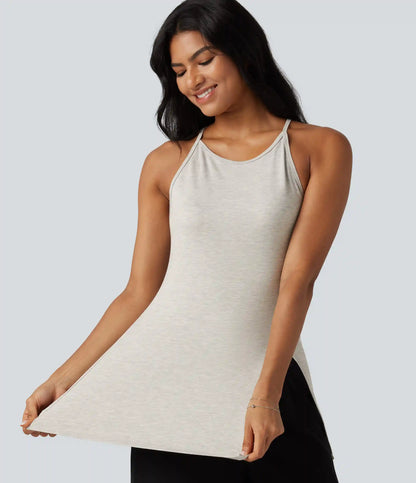 Round Neck Split Hem Slim Casual Tank Top
