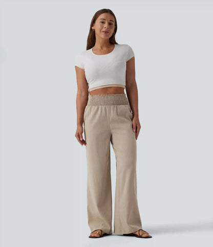 Shirred High Waisted Linen-Feel Casual Wide Leg Pants with Pockets