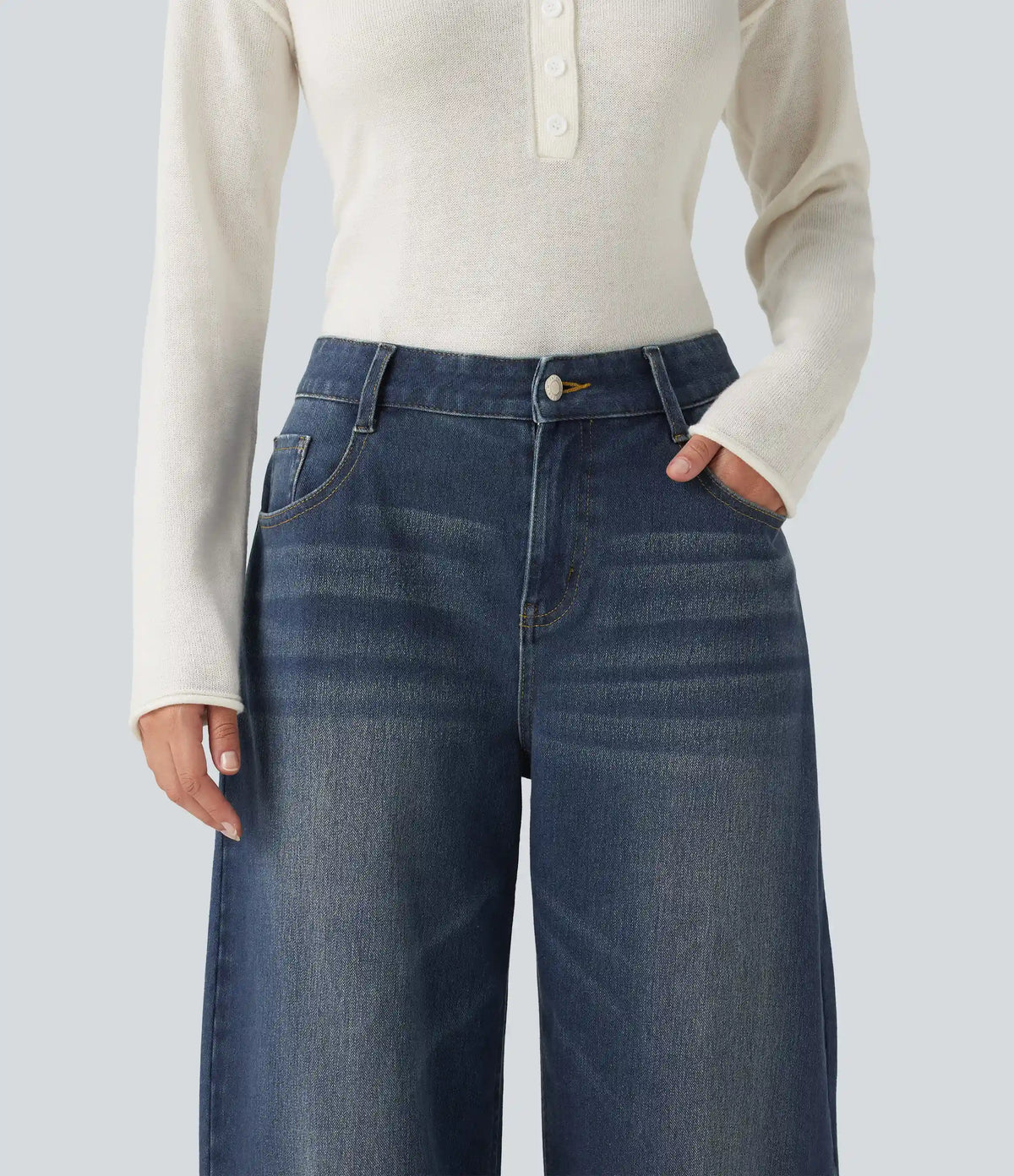Halara Flex™ Mid Rise Barrel Leg Washed Casual Jeans with Pockets