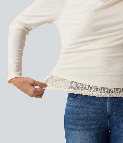 One Shoulder Long Sleeve 2-in-1 Contrast Lace Casual Top