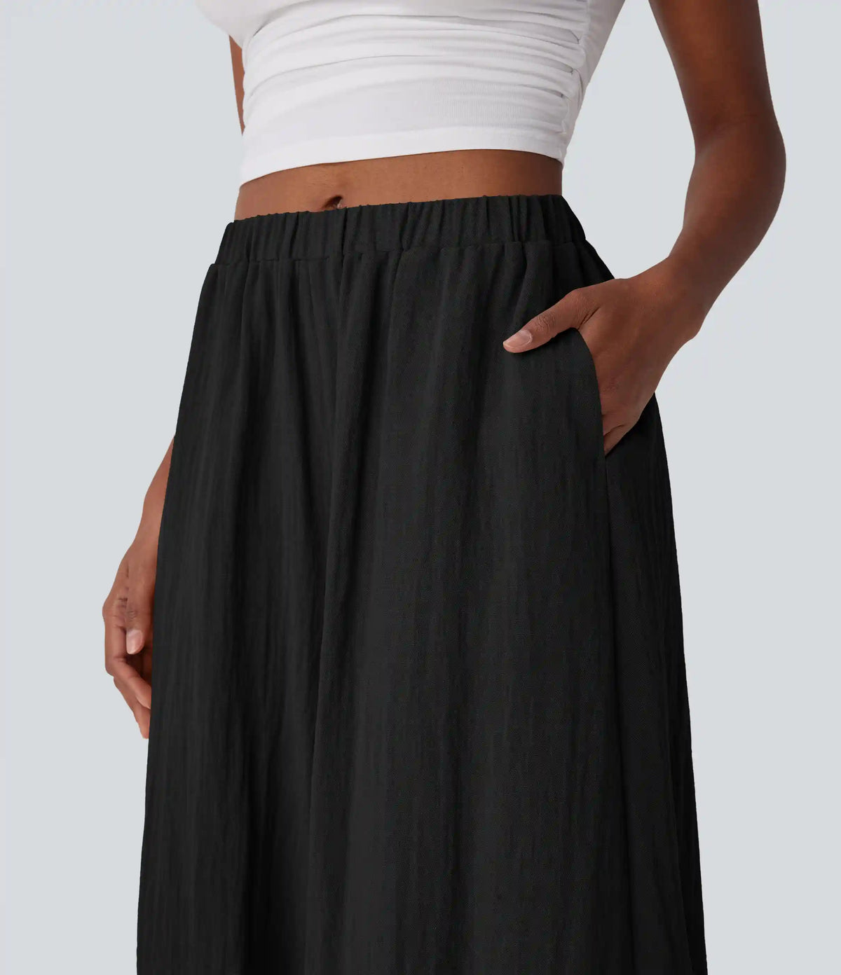 Mid Rise Wide Leg Flowy Linen-Feel Pants with Pocket