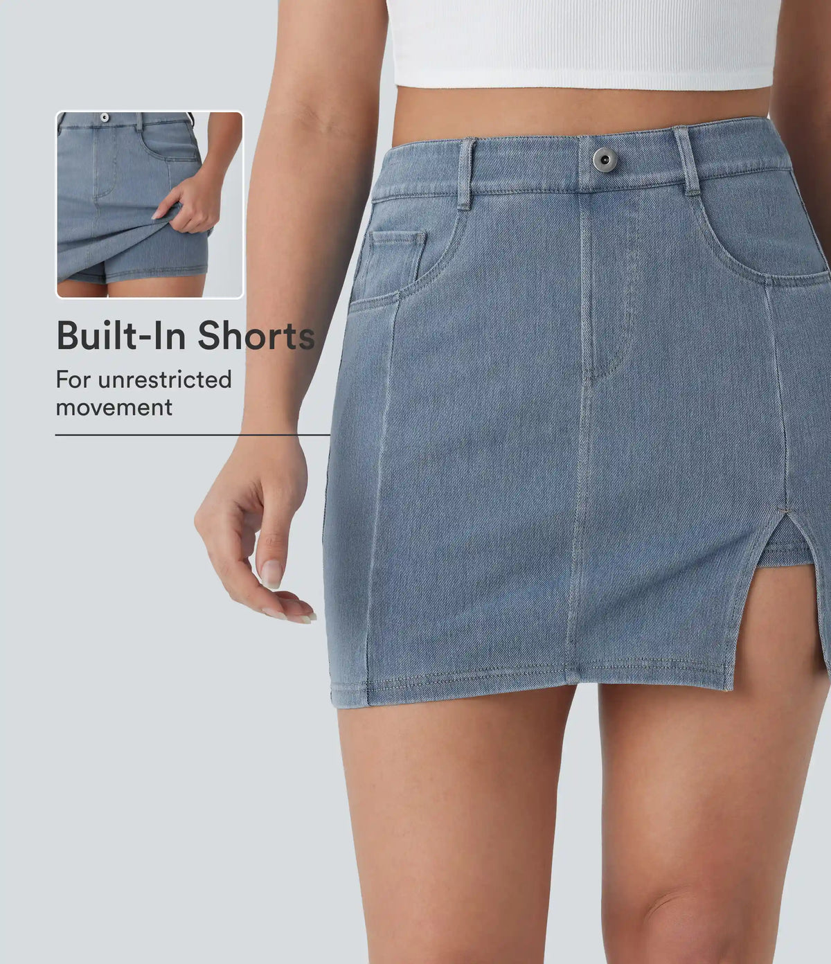 Halara Flex™ High Waisted Pockets 2-in-1 Bodycon Mini Washed Denim Casual Skirt