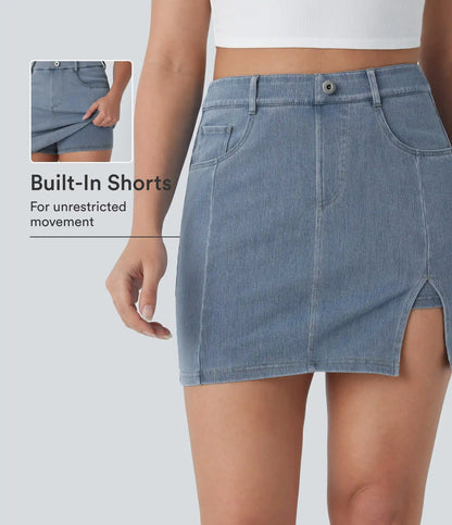 Halara Flex™ High Waisted Pockets 2-in-1 Bodycon Mini Washed Denim Casual Skirt