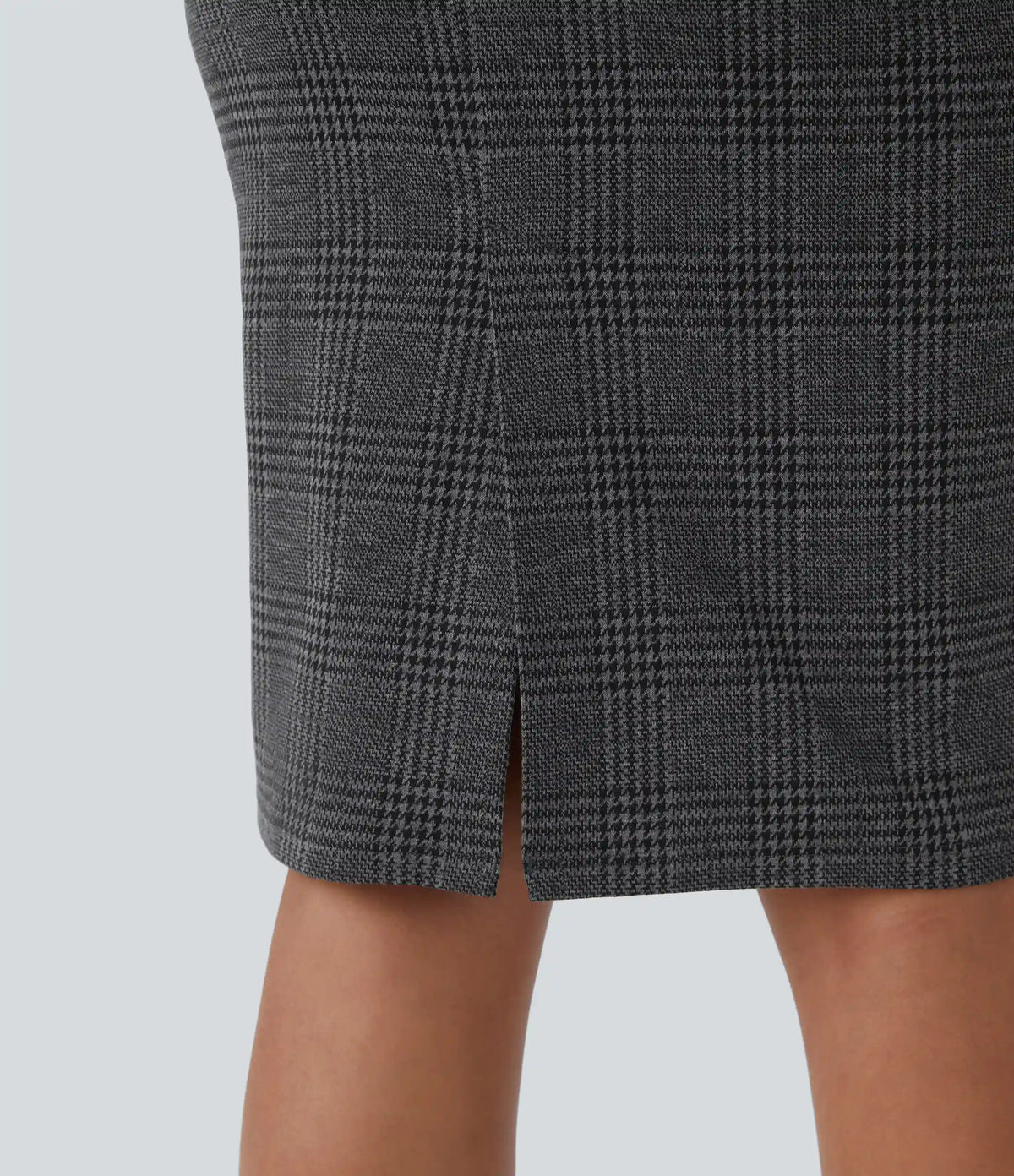High Waisted Hem Houndstooth Plaid Work Pencil Skirt