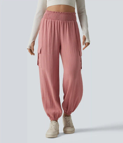 High Waisted Shirred Linen-Feel Casual Cargo Joggers with Pockets