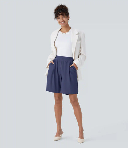 High Waisted Body Sculpt Waist-Slimming Pocket Micro Waffle Work Bermuda Shorts