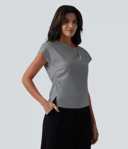 Asymmetric Cowl Neck Short Sleeve Ruched Split Hem Work Blouse