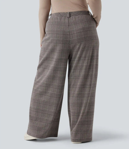 Plus Size High Waisted Wide Leg Houndstooth Plaid Casual Pants with Pockets
