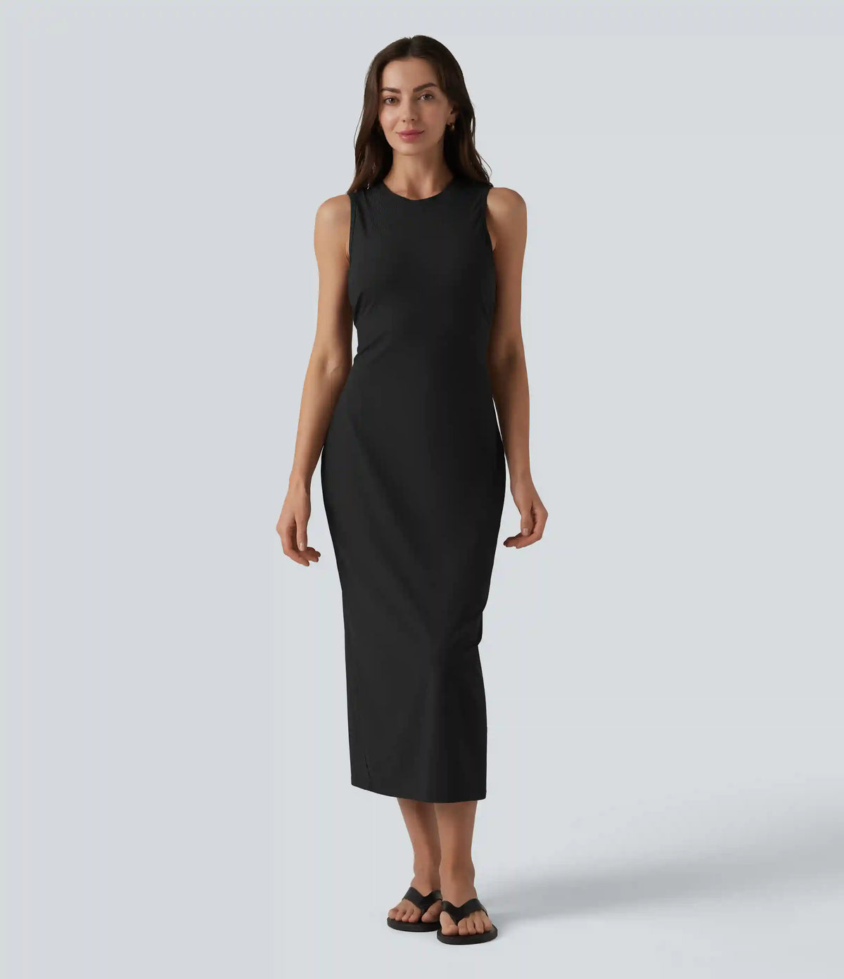 Ribbed Round Neck Sleeveless Built-in Bra Bodycon Midi Casual Dress