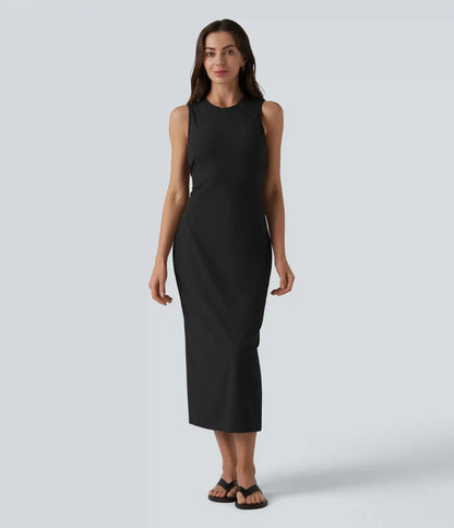 Ribbed Round Neck Sleeveless Built-in Bra Bodycon Midi Casual Dress