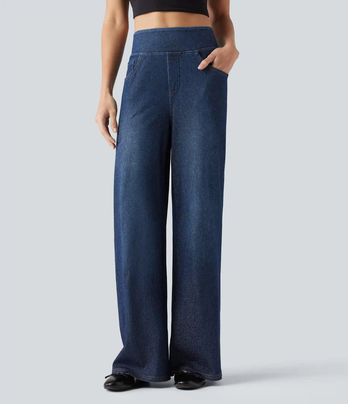 HalaraFlex™ High Waisted Wide Leg Silver Shine Casual Jeans with Pockets