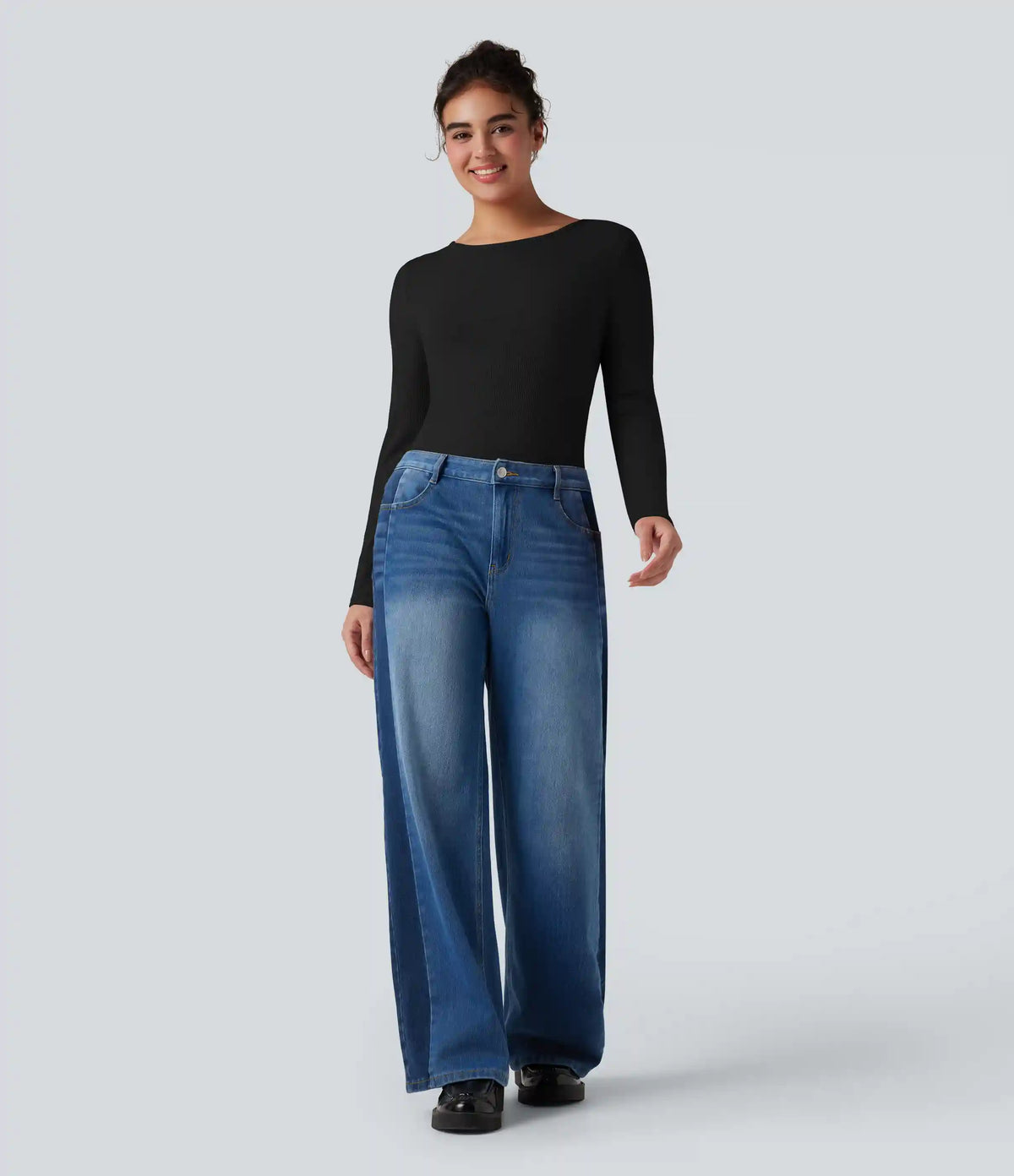 Ribbed Knit Round Neck Flounce Long Sleeve Casual Top