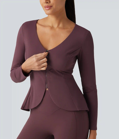 SoftlyZero™ Plush V Neck Long Sleeve Slim Ruffle Hem Yoga Jacket with Pockets