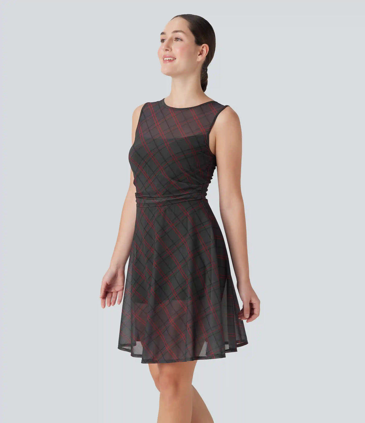 Sleeveless Plaid Contrast Mesh 2-in-1 Mini Casual Dress with Pocket
