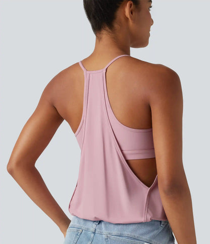 U-Neck Ruched 2-in-1 Built-in Bra InstantCool Quick Dry Casual Tank Top-UPF50+