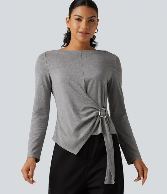 Boat Neck Long Sleeve Tie Side Uneven Hem Casual T-Shirt