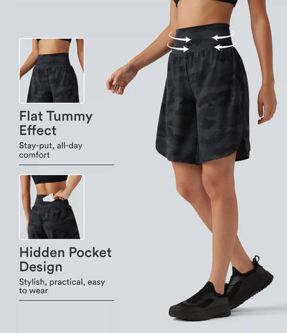 Halara UltraSculpt™ Camo Print High Waisted Tummy Control Curved Hem Running Shorts 9" with Pocket