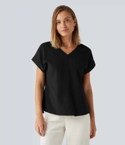V Neck Short Sleeve Linen-Feel Casual Blouse