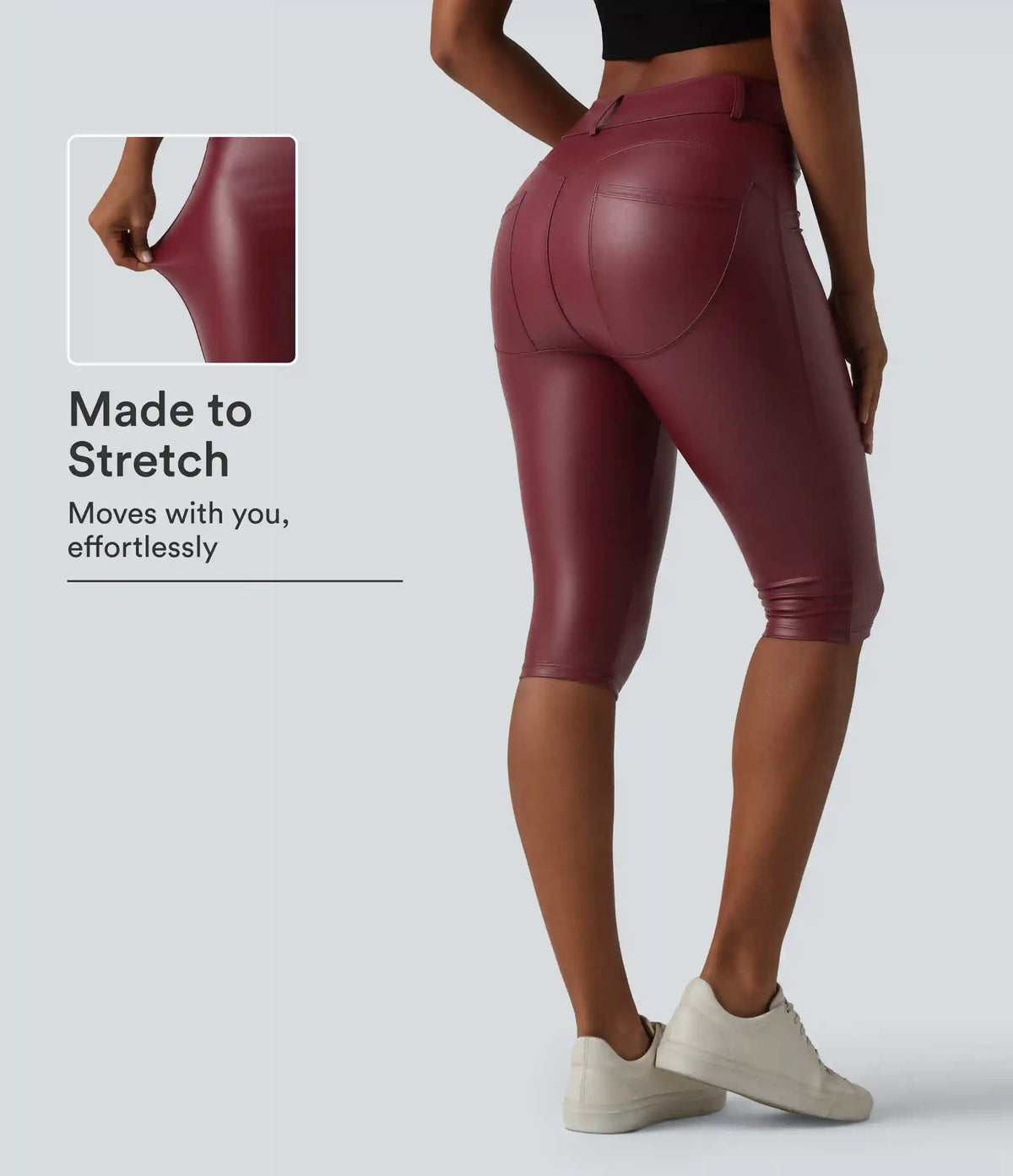 High Waisted Stretchy PU Casual Pedal Pushers Leggings with Pockets