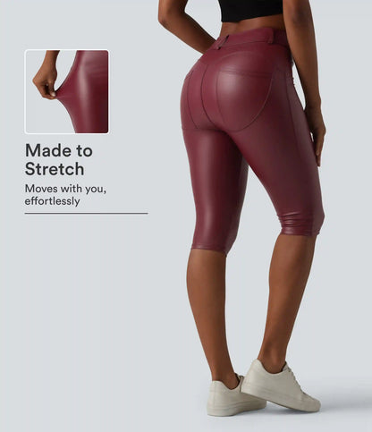 High Waisted Stretchy PU Casual Pedal Pushers Leggings with Pockets