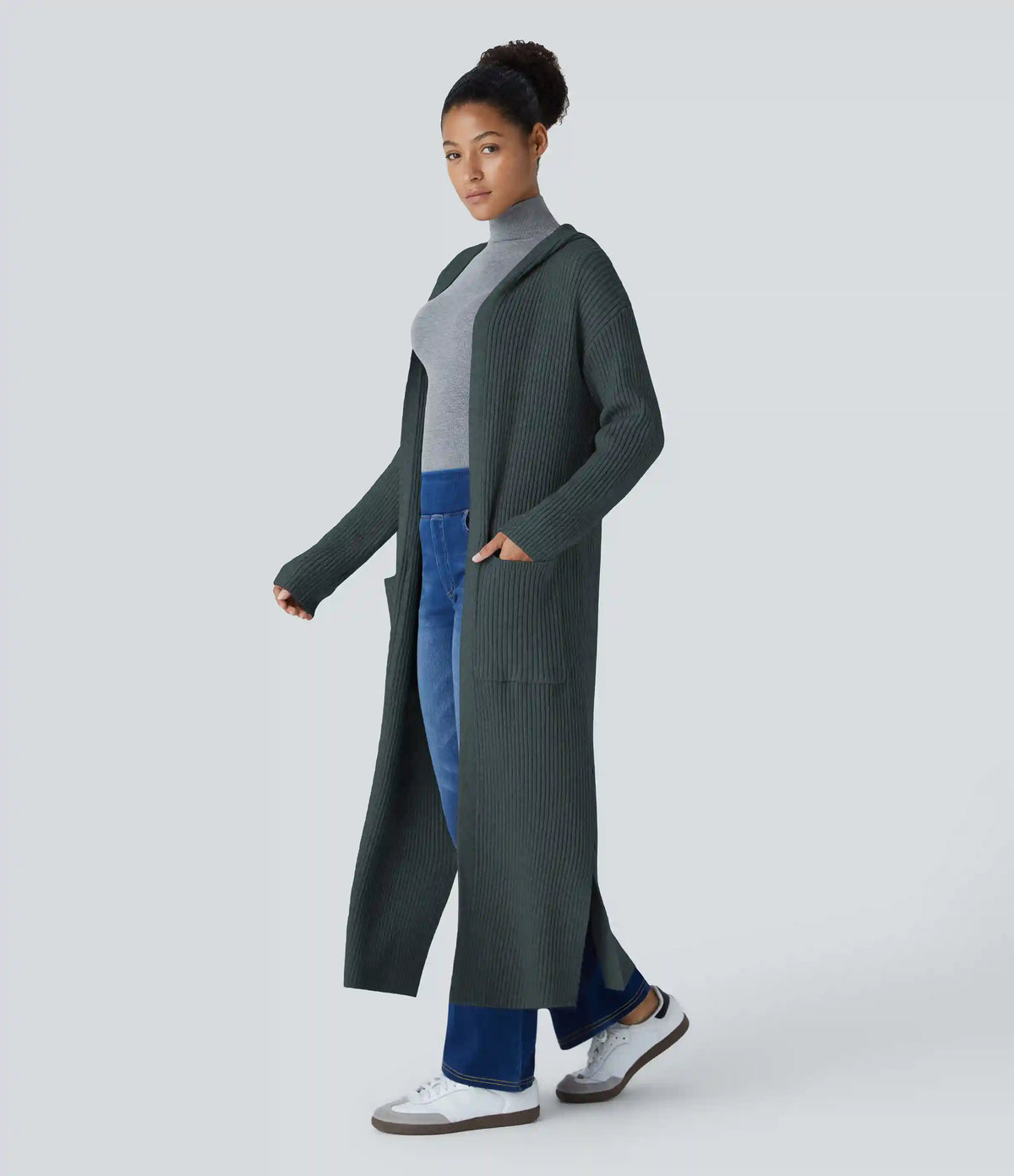Hooded Long Sleeve Pocket Longline Casual Cardigan