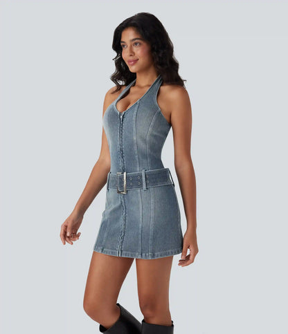 Halara Flex™ Halter Zipper Belted Bodycon Mini Washed Denim Casual Dress