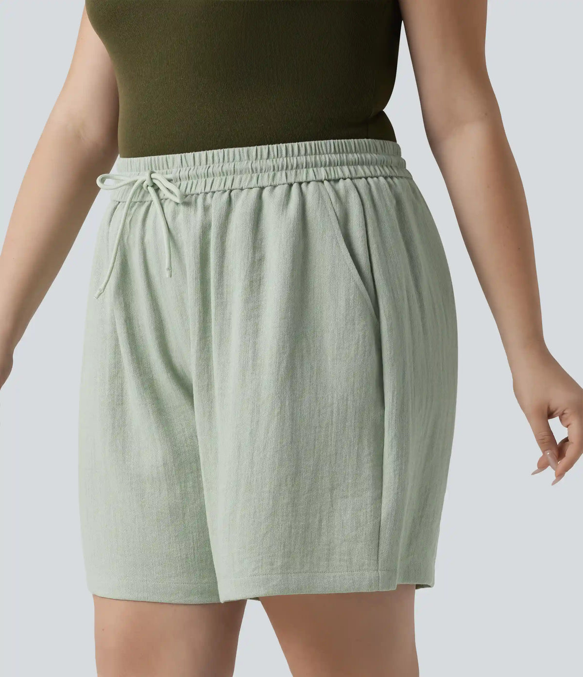 High Waisted Drawstring Casual Linen-Feel Plus Size Shorts with Pockets