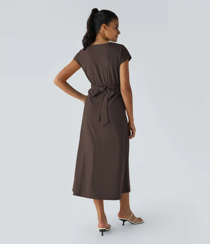 Breezeful™ V Neck Short Sleeve Pocket Tie Back Quick Dry Midi Casual Dress-Longer Length