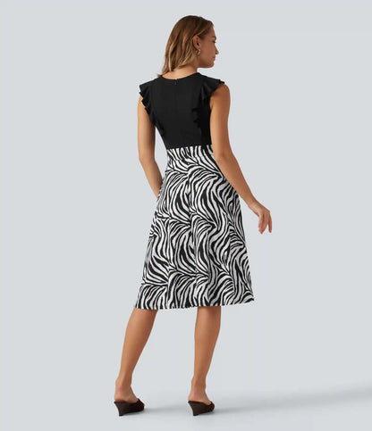 Round Neck Ruffle Sleeveless A-Line Color Block Midi Party Dress with Pockets
