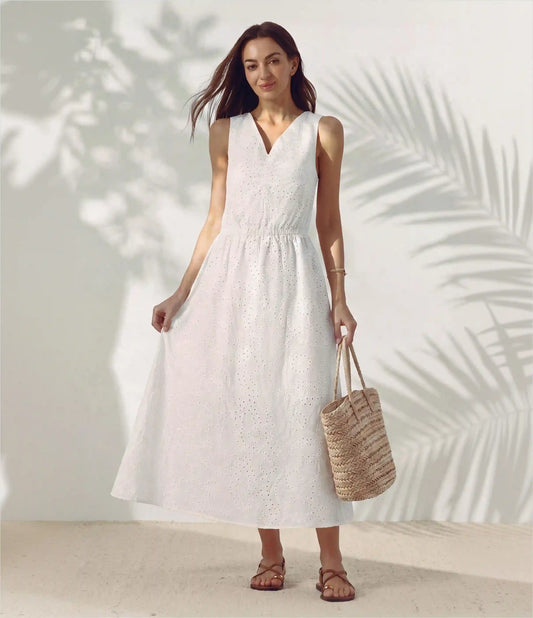 V Neck Sleeveless Tie Back Eyelet Flowy Midi Dress
