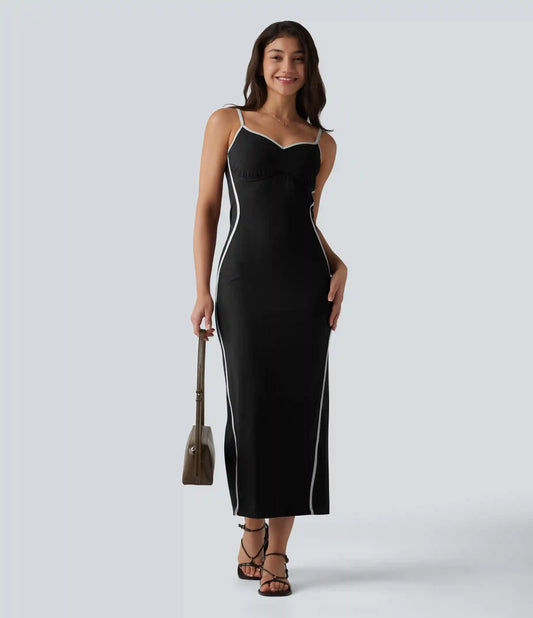 Ribbed Sweetheart Neck Non-Removable Pad Color Block Midi Casual Slip Dress