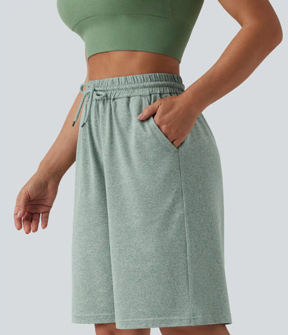 High Waisted Drawstring Casual Bermuda Shorts 9.5'' with Pockets