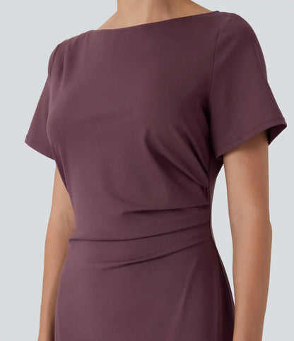 Short Sleeve Ruched Bodycon Midi Work Dress