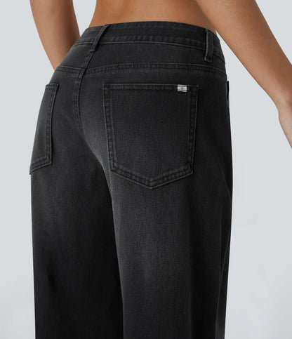 Halara Flex™ Asymmetric Low Rise Zipper Pockets Baggy Wide Leg Washed Casual Jeans