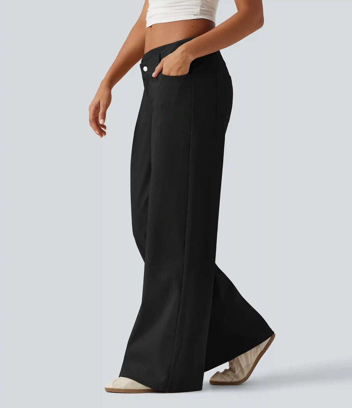 Low Rise Asymmetric Wide Leg Casual Cotton Pants with Pockets