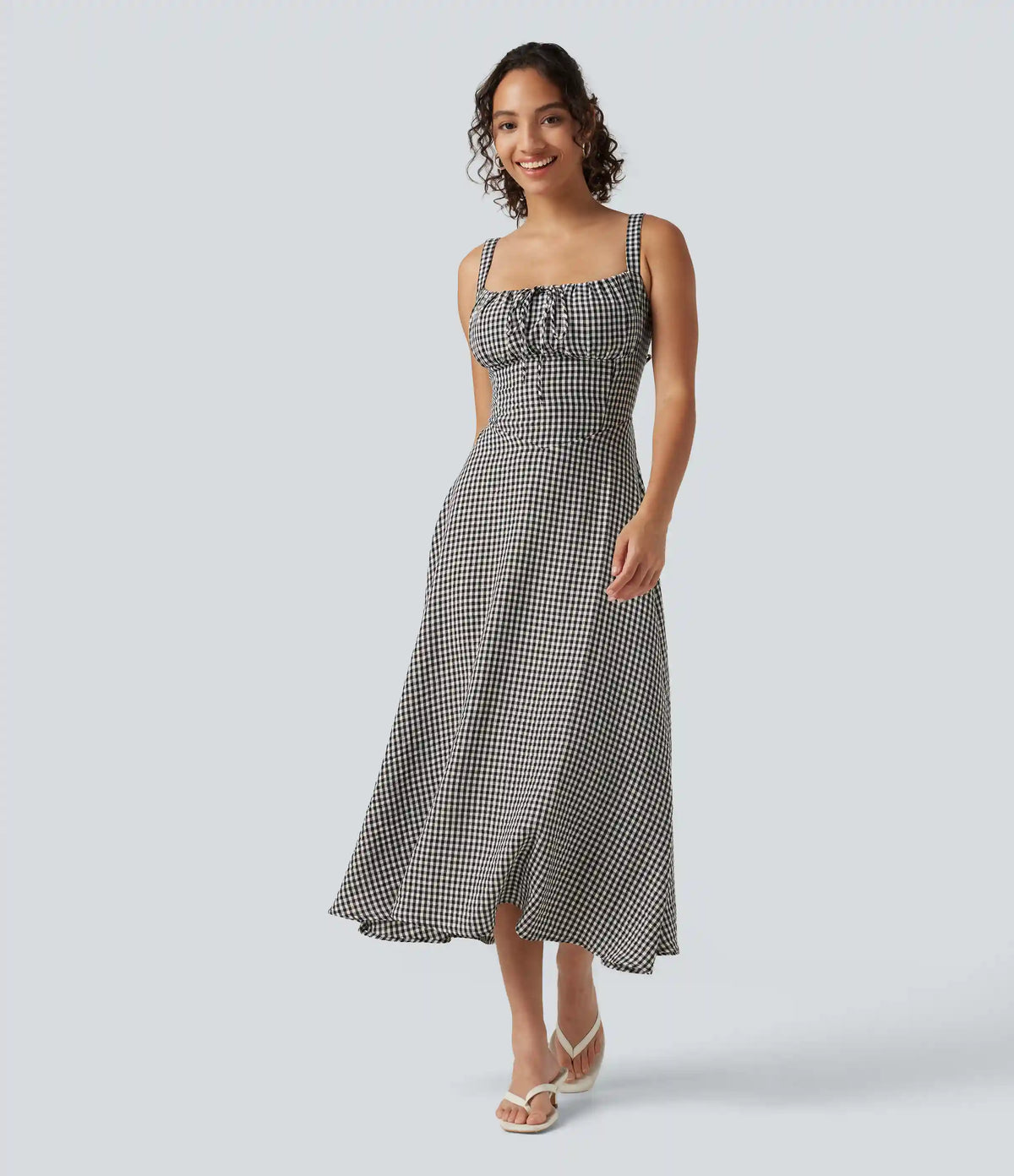 Square Neck Crisscross Backless Built-in Bra Corset Plaid Flowy Midi Linen-Feel Resort Milkmaid Dress