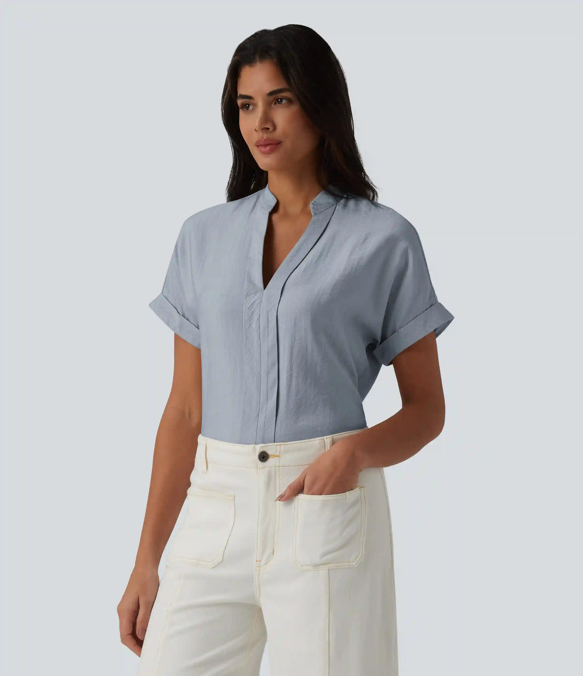 V Neck Short Sleeve Linen-Feel Work Shirt