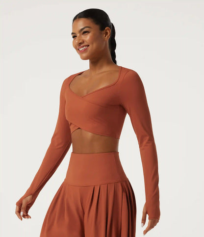SoftlyZero™ Airy Queen Anne Neck Long Sleeve Thumb Hole Crossover Hem InstantCool Cropped Yoga Sports Top