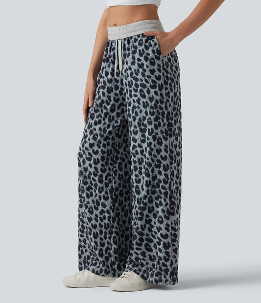 Foldover High Waisted Drawstring Leopard Waffle Casual Baggy Pants with Pockets