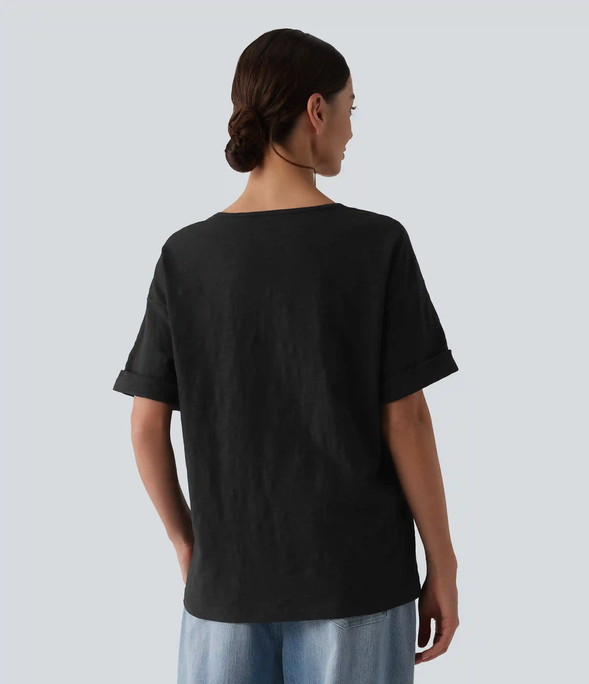 Sweetheart Neck Roll Short Sleeve Relaxed Casual Slubbed Cotton T-Shirt with Pocket