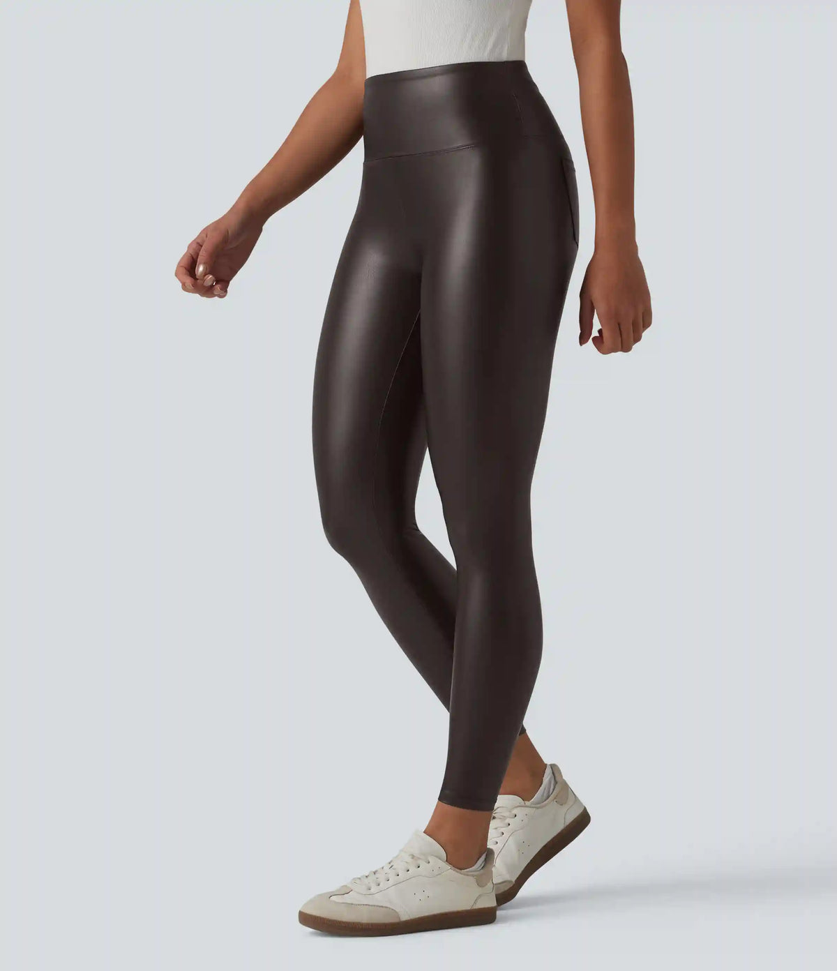 High Waisted Tummy Control Stretchy PU Casual 7/8 Leggings with Pockets