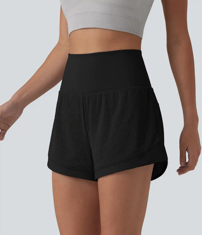 High Waisted Tummy Control Eyelet 2-in-1 Yoga Shorts 2.5'' with Pocket