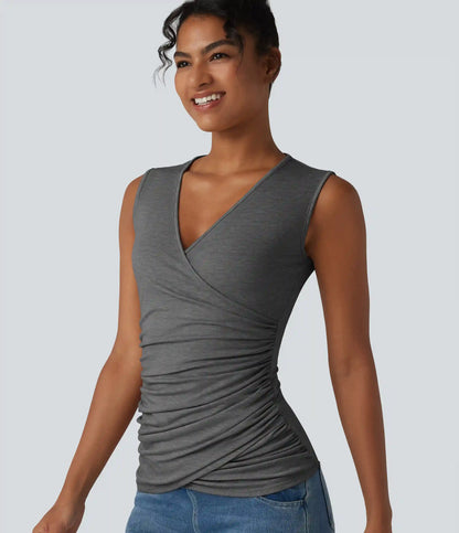 V Neck Crossvoer Ruched Casual Tank Top