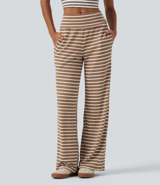 Ribbed Knit Mid Rise Wide Leg Stripe Casual Pants with Pockets