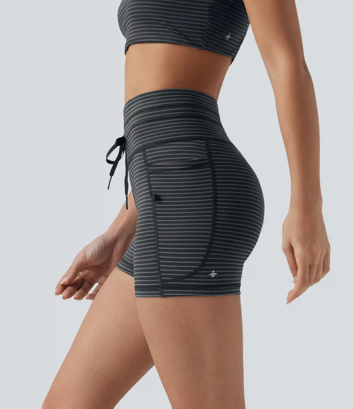 High Waisted Drawstring Striped Yoga Biker Shorts 3'' with Pockets