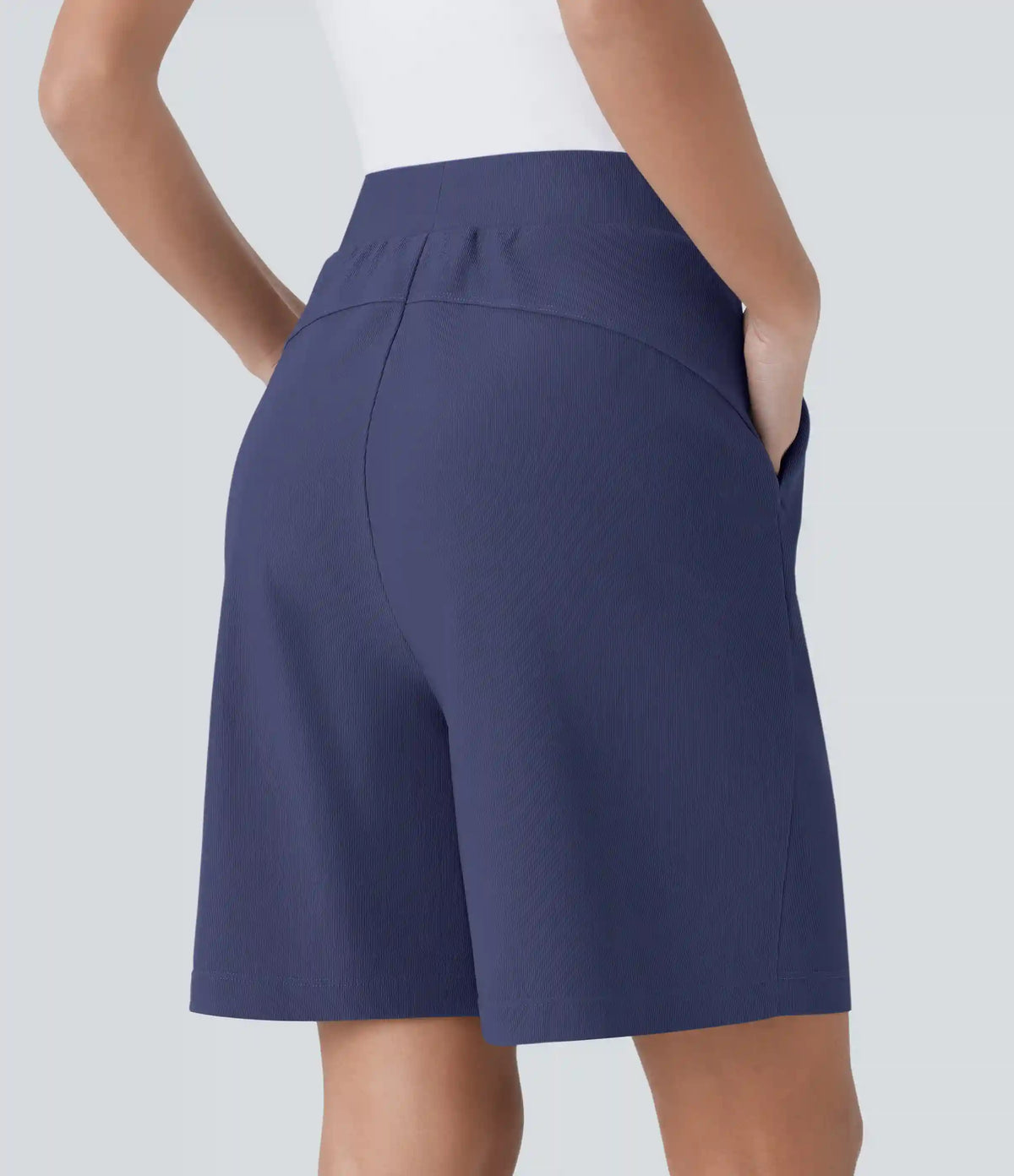 High Waisted Body Sculpt Waist-Slimming Pocket Micro Waffle Work Bermuda Shorts