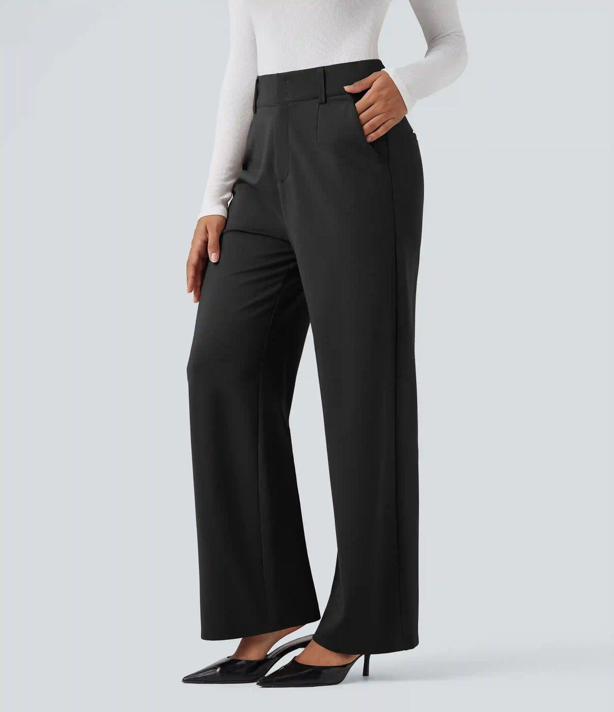 High Waisted Straight Leg Work Pants with Pockets
